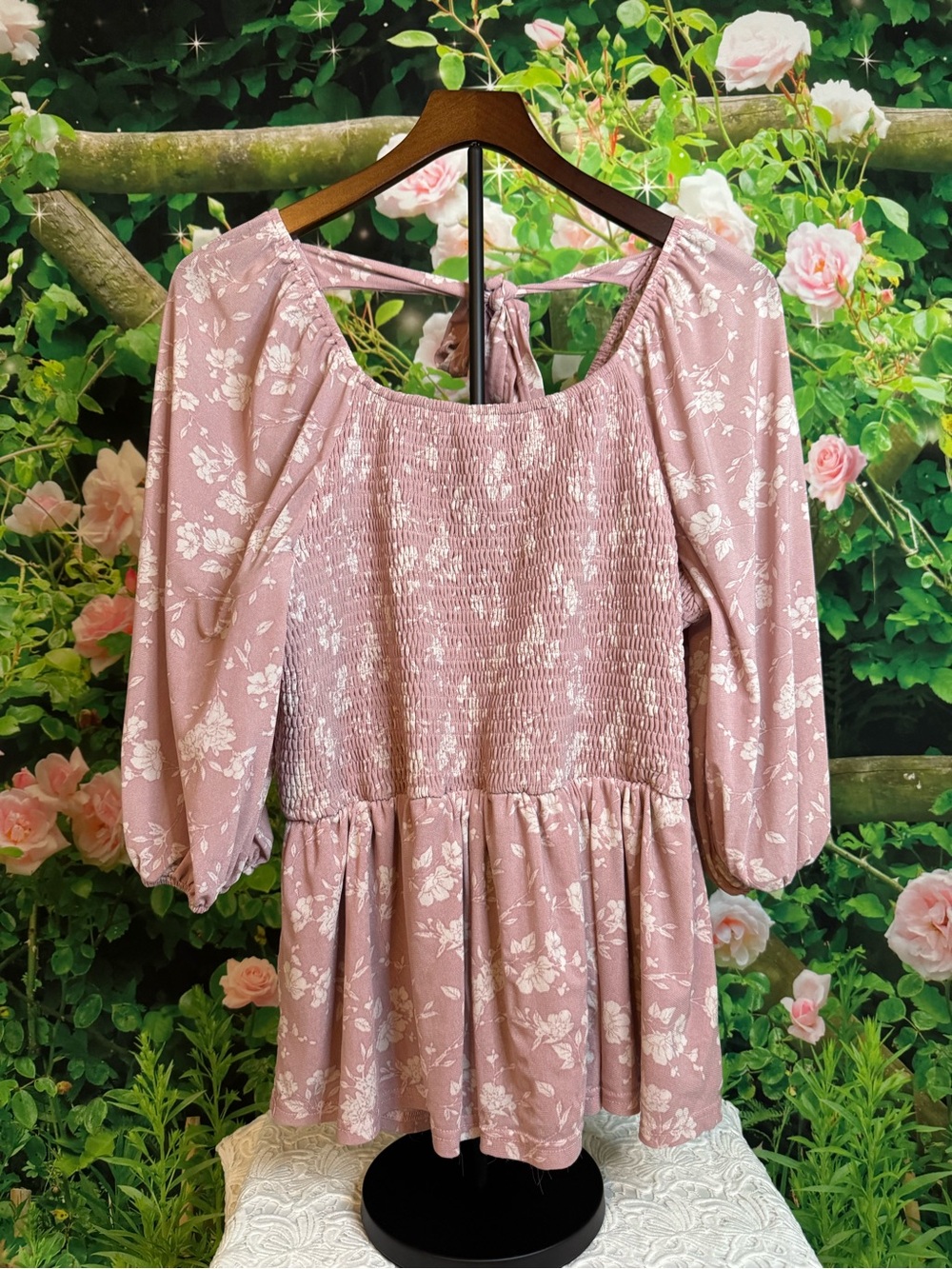 Siren Lily Pink Floral Smocked Peplum Blouse
